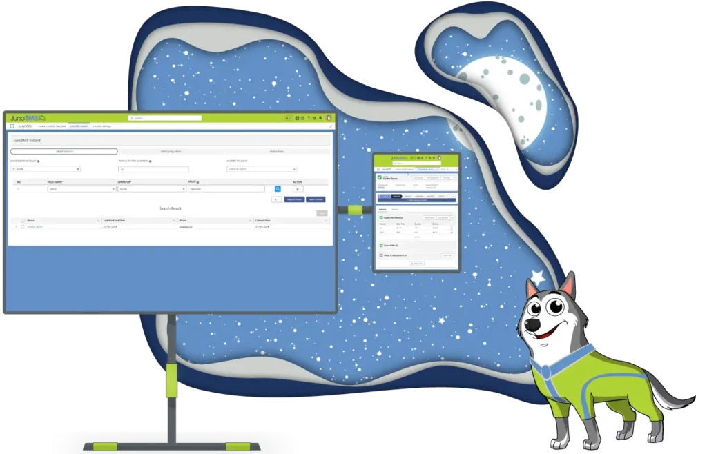Juno SMS salesforce banner with a dog and a screen with features